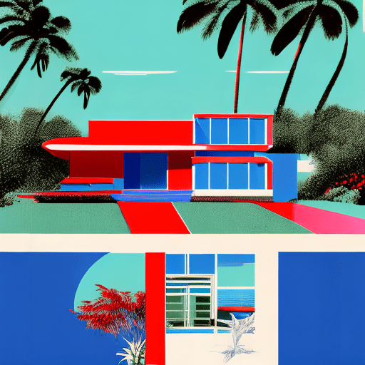 Hyper realistic eye level exterior photo of a mid century modern style house overlooking the ocean, daylight, indirect lighting, ad magazine, frank lloyd, eames, mies van der roheminimalist screen print line art fashion magazine cover with bold typography of a flower in the style of y2k, red and blue lighting, double exposure risograph portrait of a retrofuturistic scene, glitchcore style with foggy neon lights, overlaying the face, digital glitch, color negative