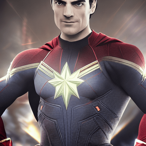 Henry cavil dressed as captain marvel, captain marvel uniform is black dark red with a gold star on chest , (((full body visible)  )),  looking at viewer,  portrait,  photography,  detailed skin,  realistic,  photo-realistic,  8k,  highly detailed,  full length frame,  high detail raw color art,  piercing,  diffused soft lighting,  shallow depth of field,  sharp focus,  hyperrealism,  cinematic lighting