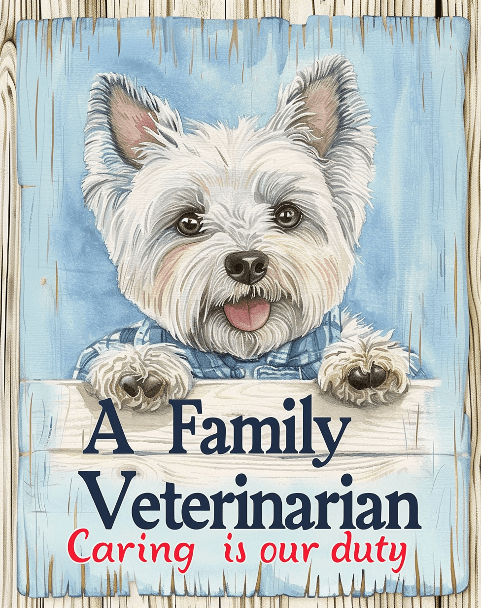 A poster "a family veterinarian" with a west highland terrier watercolor portrait, on the bottom of the poster "caring is our duty", barnboard background --ar 11:14 --personalize m3lgrn9 --v 6. 0