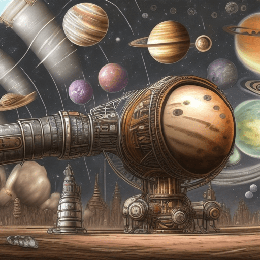 A steampunk style space rocket in the space, with planets in the background