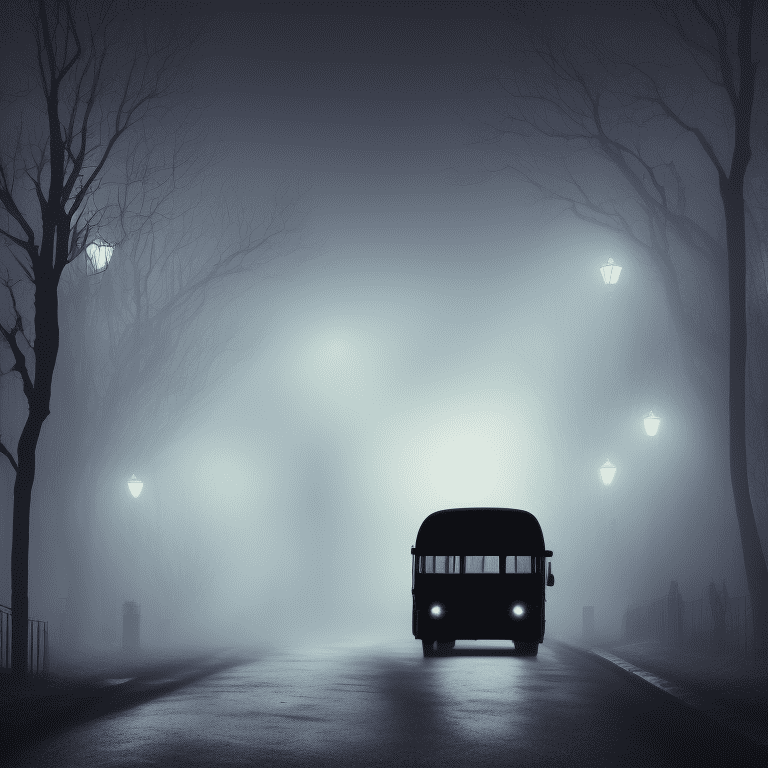 One big large black bus in the street, spooky silhouette driving, bright lights, victorian street, dark fairytale aesthetic, intricate details, in the middle of the night, very detailed, lit street, dead trees, streets lights, foggy, divine presence, cemetery nearby