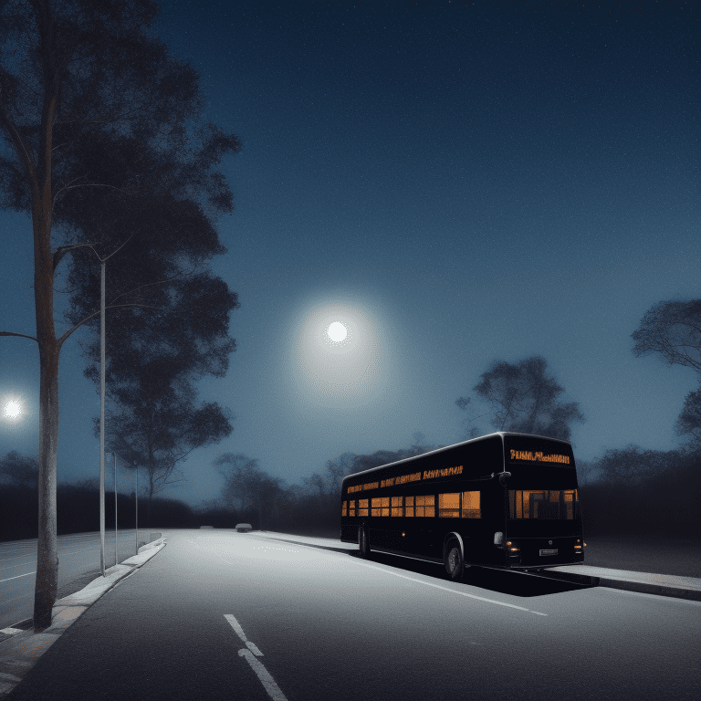 Side view of a long glossy and dark lit strange bus at a distance, in the middle of the night, moonlight, very detailed, lit street, dead trees, streets lights