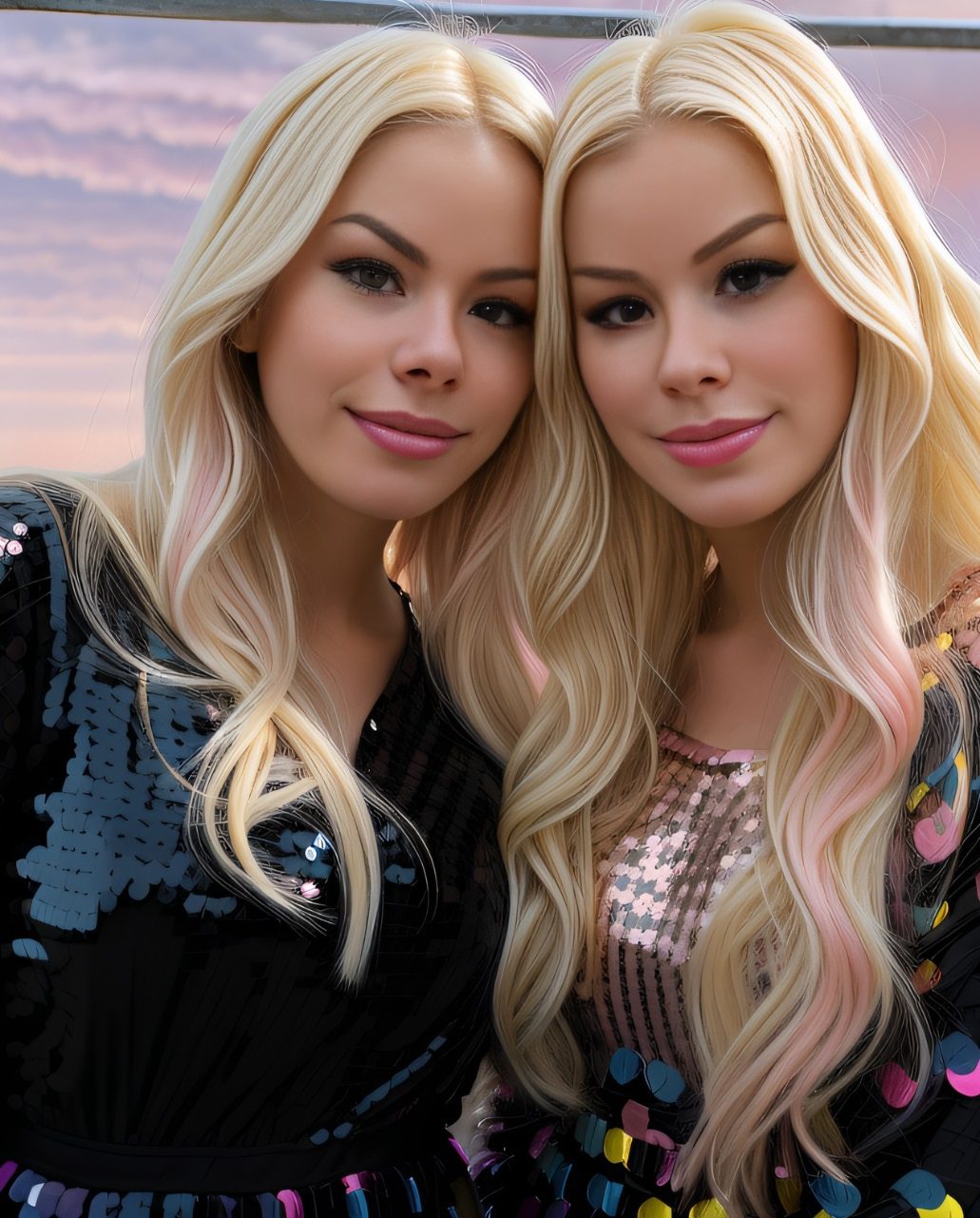 The metal twins: megan and stacy, two beautiful twin sisters, standing next to each other, edition by eliel borges, an album cover inspired by artist hedda sterne, featured in society cg, kitsch movement, high resolution, behance hd, uhd image