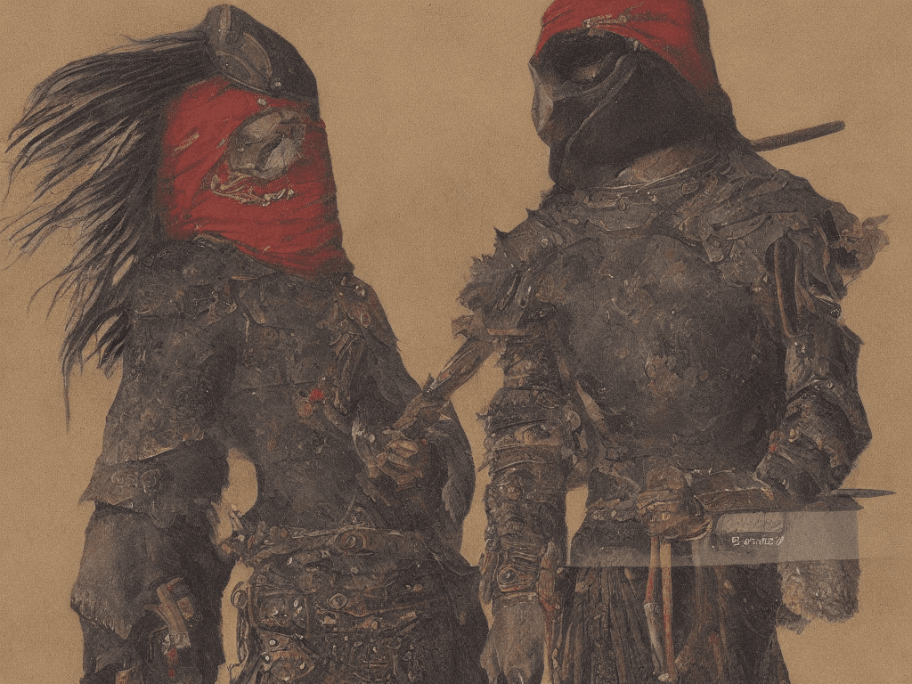 A painting of a mysterious warrior, warrior is wearing a wool cloak and hood that covers his face, the warriors armor is finely detailed armor
