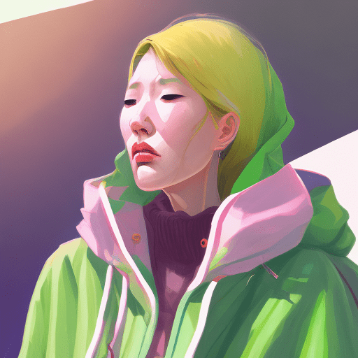 A mid age woman wearing a green poncho oversized puffer jacket, inspired by offwhite, tumblr, inspired by yanjun cheng style, digital art, lofi girl internet meme, trending on dezeen, catalog photo, rhads and lois van baarle, bright pastel colors, retro girl