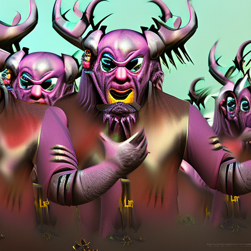 A swarm of fierce, pink horror creatures with menacing fangs and claws, rummaging through piles of gold, searching for golden coins, inspired by total war: warhammer, dynamic poses, vibrant colors, intricate details, glowing eyes, fantasy setting, high resolution, hyper-realistic textures, epic atmosphere, cinematic lighting, detailed background