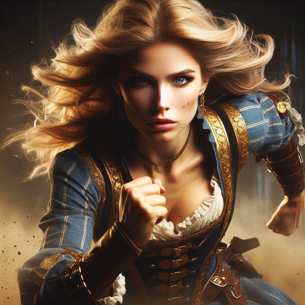 She has an angry look on her face. Blonde hair and blue eyes. She wears a steampunk renaissance dress with golden details. She is chargind into battle, dust and debris fly into the air as she leaps foward. She's fierce and confident. Cinematic lighting, dynamic pose, dynamic angle, perfect composition all create an epic battlefield.