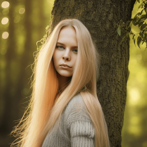 A 25-year-old swedish woman sits gracefully against a large wooden tree trunk, her shiny (blonde hair) cascading over her shoulders and catching the golden rays of the afternoon sun. The sharp focus of the portrait highlights every detail, from the individual strands of her hair to the subtle contours of her face, creating an image that is both strikingly beautiful and deeply realistic. She has blue eyes