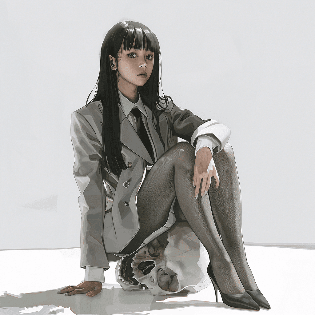 A stylized digital art of a young woman with long, straight black hair and bangs, wearing a gray suit with a white shirt and black tie. She is sitting on the ground with one leg bent and the other leg stretched out, sitting on a human skull. She is wearing black high heels and sheer black stockings. The background is minimalist, highlighting the character's gothic and edgy aesthetic.