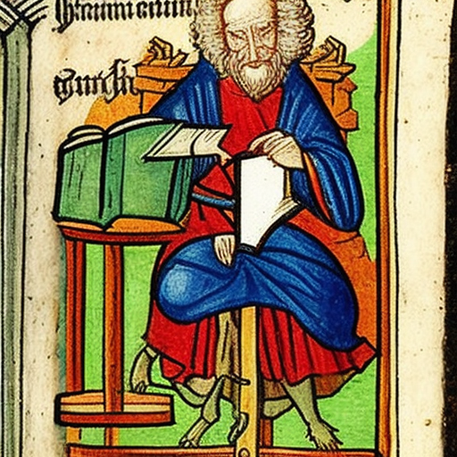 A medieval book illumination of a wizard sitting on a stool