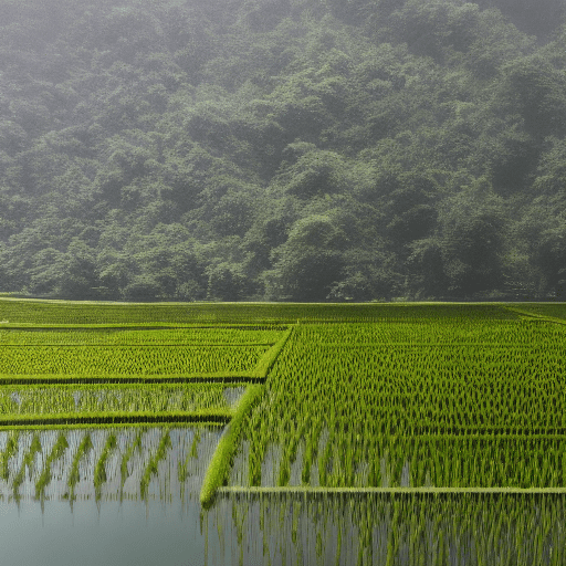 Raw photo of a rice field landscape, clear water, (instagram able) , highly detailed, photorealistic, ultra-realistic photo, 8k, uhd, dlsr, soft lighting, reflection, high quality, film grain, fujifilm xt3, (masterpiece, panoramic) ,