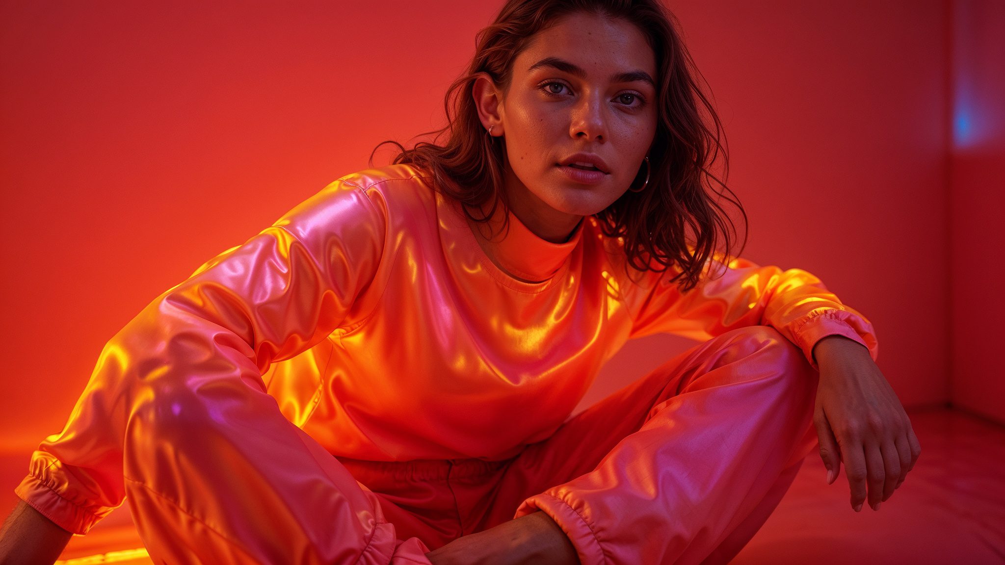 Wide and low angle, cinematic, fashion photography for the brand uniqlo. Woman sitting on floor wearing a uniqlo heattech top, and brown chinos. The background is a gradient, red, pink and orange, studio setting--ar 9:16