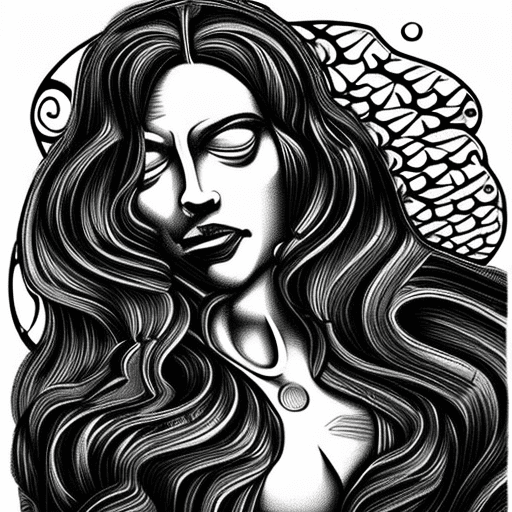 Black and white illustration in the form of a woman with flowing hair, in the style of martine johanna, detailed engraving, joe madureira, john larriva, chicano art, realistic yet romantic, use of paper --ar 23:36 --stylize 750 --v 6. 0