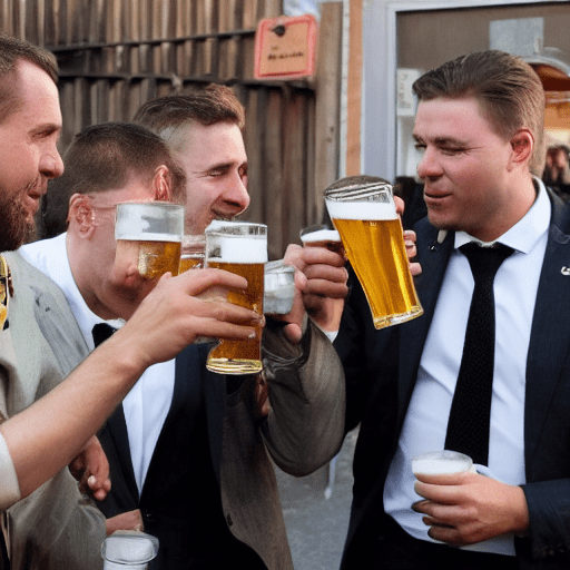 Swiss moble men, alt right party, drinking a beer