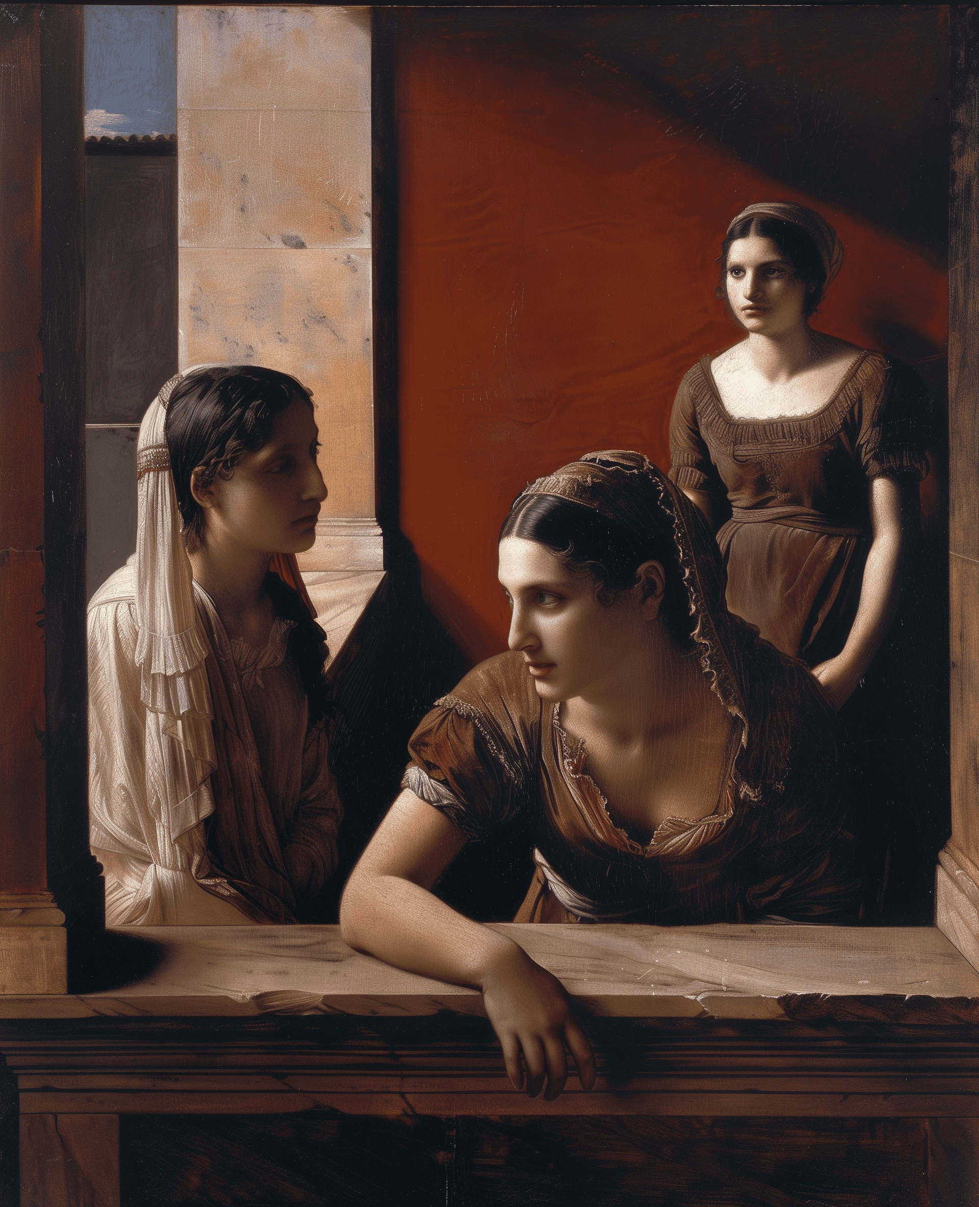 A portrait of two women, one lying down and the other standing behind her looking at an open window with red walls. The woman on stage is wearing ancient roman in dark brown tones. In front there's another person head down facing forward. Painting style reminiscent of classical art. --ar 13:16 --v 6. 0 --style raw