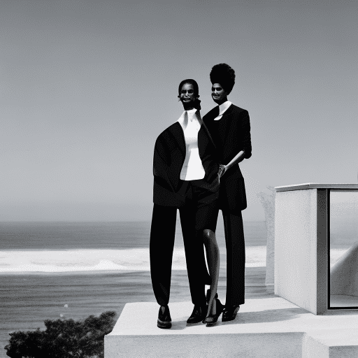 A black family standing on top of a mansion next to the ocean, official vogue editorial, inspired by carol bove, wearing black modern clothes, lightskin, head in profile, style of ian hubert, mackenzie foy, resort