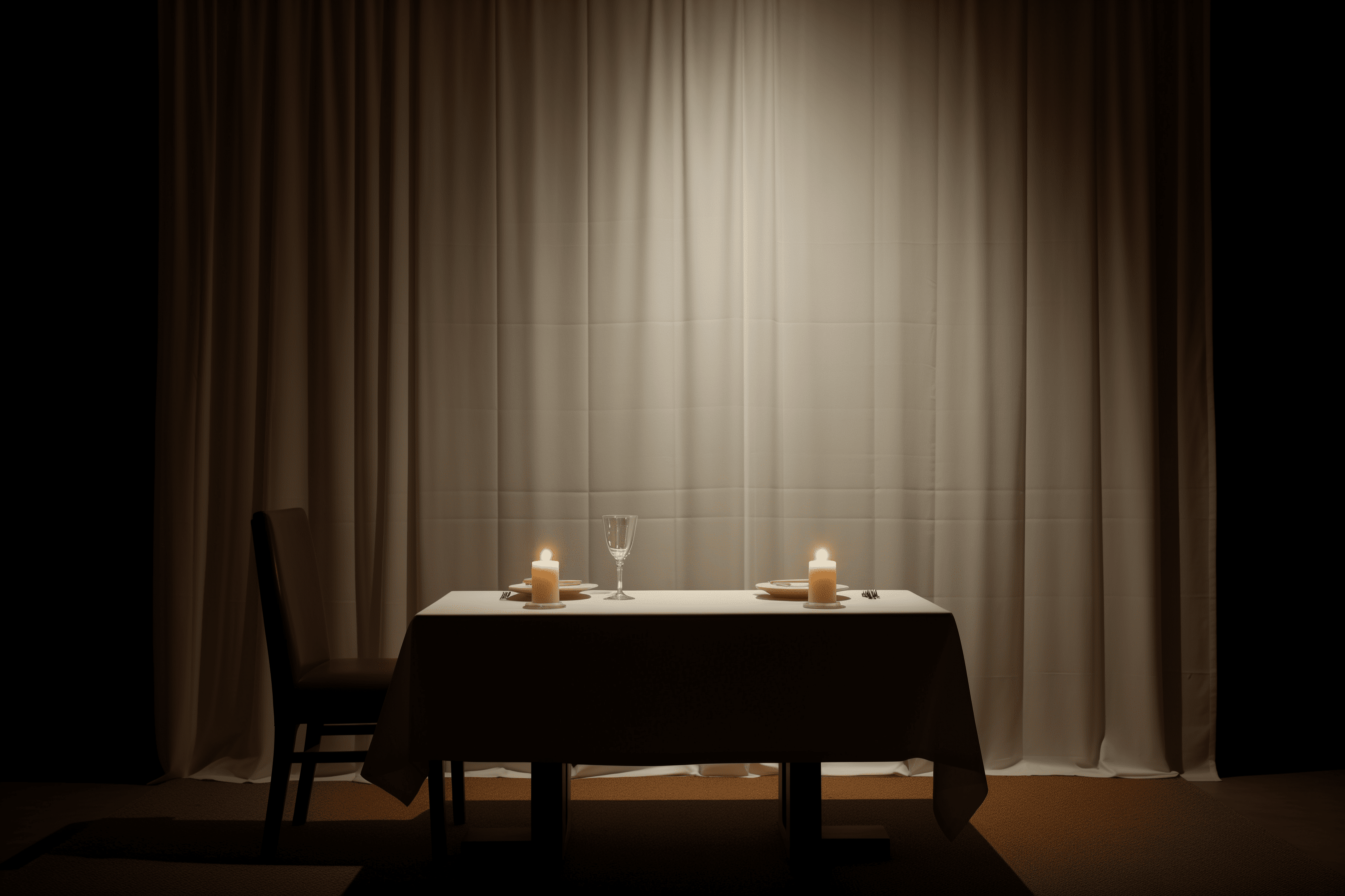 A photograph of an empty table with white linen in the center, set against a wall paneling background. No chairs around the table, dark lighting comes from two candles on top of one side lamp hanging above. A window to the right has a closed curtain at its end. A carpeted floor underfoot. The photograph has the style of a minimalist artist. --ar 128:85 --v 5. 2