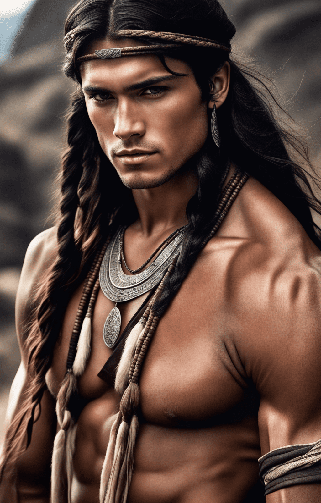 Fotografía hiper realista, muscular man, inca race, face andean, long hair with many braids, inca emperor, elegant, handsome, abs, show half, show muscles, tank top, inca, man, without imperfections, masculine, feet, legs, muscular, a very face detailed, handsome, perfect eyes, perfect round pupils, ray tracing, anatomically correct, long hair with lots of braids, dramatic lighting, soft details, hdr, 4k, 8k, hd, a young man in the city, late afternoon, standing, handsome, muscular, perfect hands, perfect face, the sun illuminates his short black hair and curly, sunlight falls on hairy legs, feet showing, long hair, by edmund blair leighton, brom, charlie bowater, faces by tom bagshaw, sargent, award-winning full-body portrait photography taken with kodak portra 800, a hasselblad 500c, 55mm f/1 8 lenses, extreme depth of field, available light, high contrast, ultra hd, hdr, dtm, 8k