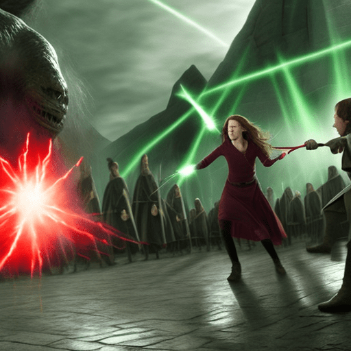 Hermione fighting voldemort in the battle of hogwarts. Red light flashing from wand of hermione and green light coming from the wand of voldemort. Epic battleground backdrop.