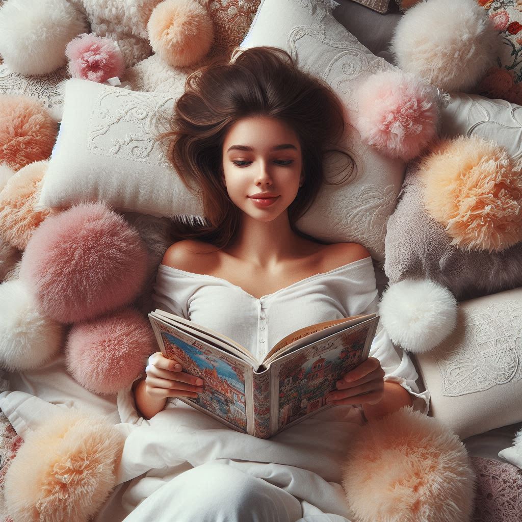 A girl lying on a bed, surrounded by fluffy pillows, relax, reading a bazaar; photo by alexandr tikhomirov; detailed touches; beautiful pretty face, transparent, levity; ultra realistic photo--q 2 --s 750 --v 5 --chaos 20 --q 2