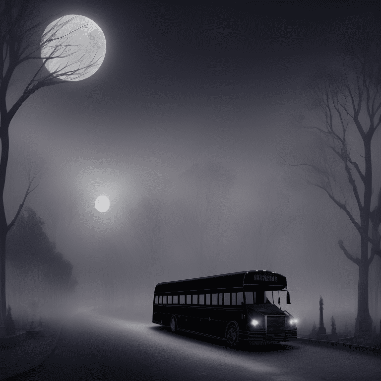 Angled view of a detailed darkish dark metallic huge school bus at a distance, dark fairytale aesthetic, intricate details, in the middle of the night, moonlight, very detailed, lit street, dead trees, streets lights, foggy, divine presence, cemetery nearby