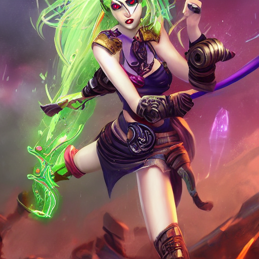 Painterly style, seductive female league of legends jinx character fighting at war, raging, crazy smile, crazy eyes, rocket lancher, guns, crazy face expression, character design, body is adorned with glowing golden runes, intense green aura around her, body dynamic epic action pose, intricate, highly detailed, epic and dynamic composition, dynamic angle, intricate details, multicolor explosion, blur effect, sharp focus, uhd, hdr, colorful shot, stormy weather, tons of flying debris around her, dark city background, modifier=carnagestyle, color=blood_red, intensity=1. 6