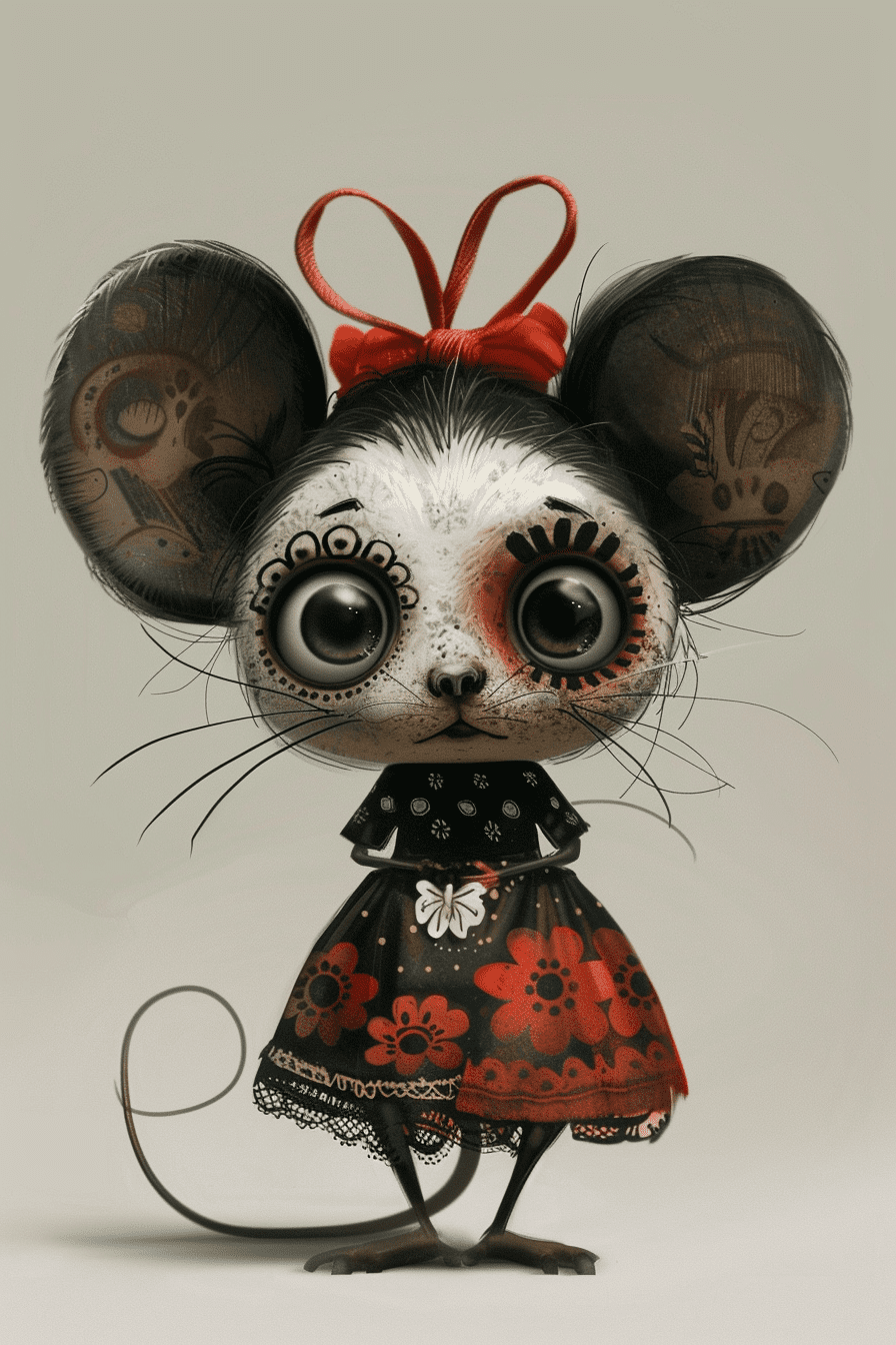 A tiny mouse character design, catrina make up, in the style of pixar, front view, exaggerated features and expressions --ar 2:3