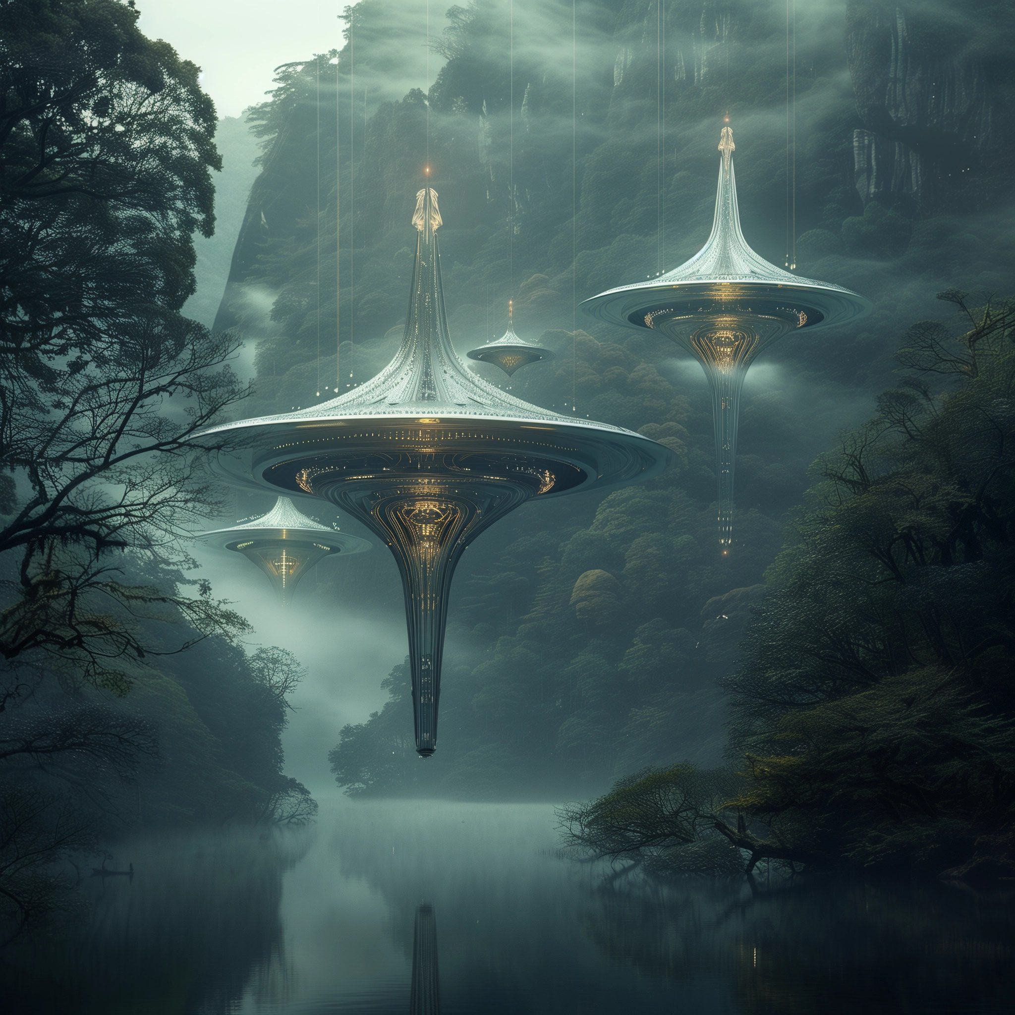 Cosmic ships above a tranquil lake surrounded by forest, mist, fog and reflected lights, early morning, 32k --personalize nwnd4j3 --stylize 600