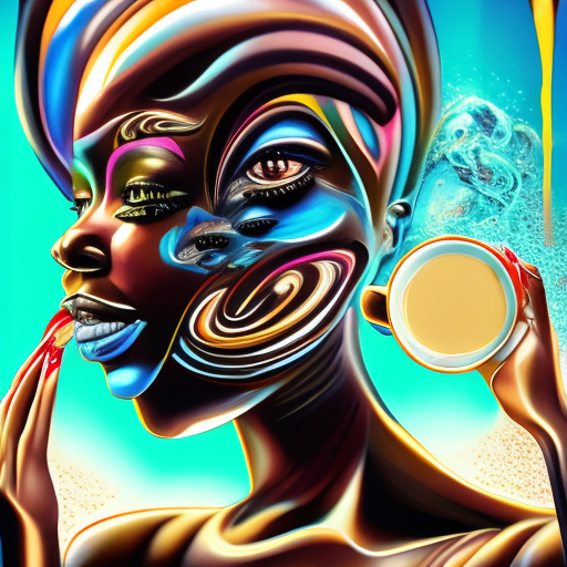 Art deco coffee art, in the style of expressive facial animation, afrofuturism, paint dripping technique, hyper-realistic water, realistic perspective, digital art techniques, caravaggism --ar 8:11 --s 750