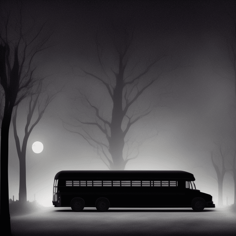 Angled view of a detailed darkish black metallic school bus at a distance, a silhouette as a driver, dark fairytale aesthetic, intricate details, in the middle of the night, moonlight, very detailed, lit street, dead trees, streets lights, foggy, divine presence, cemetery nearby