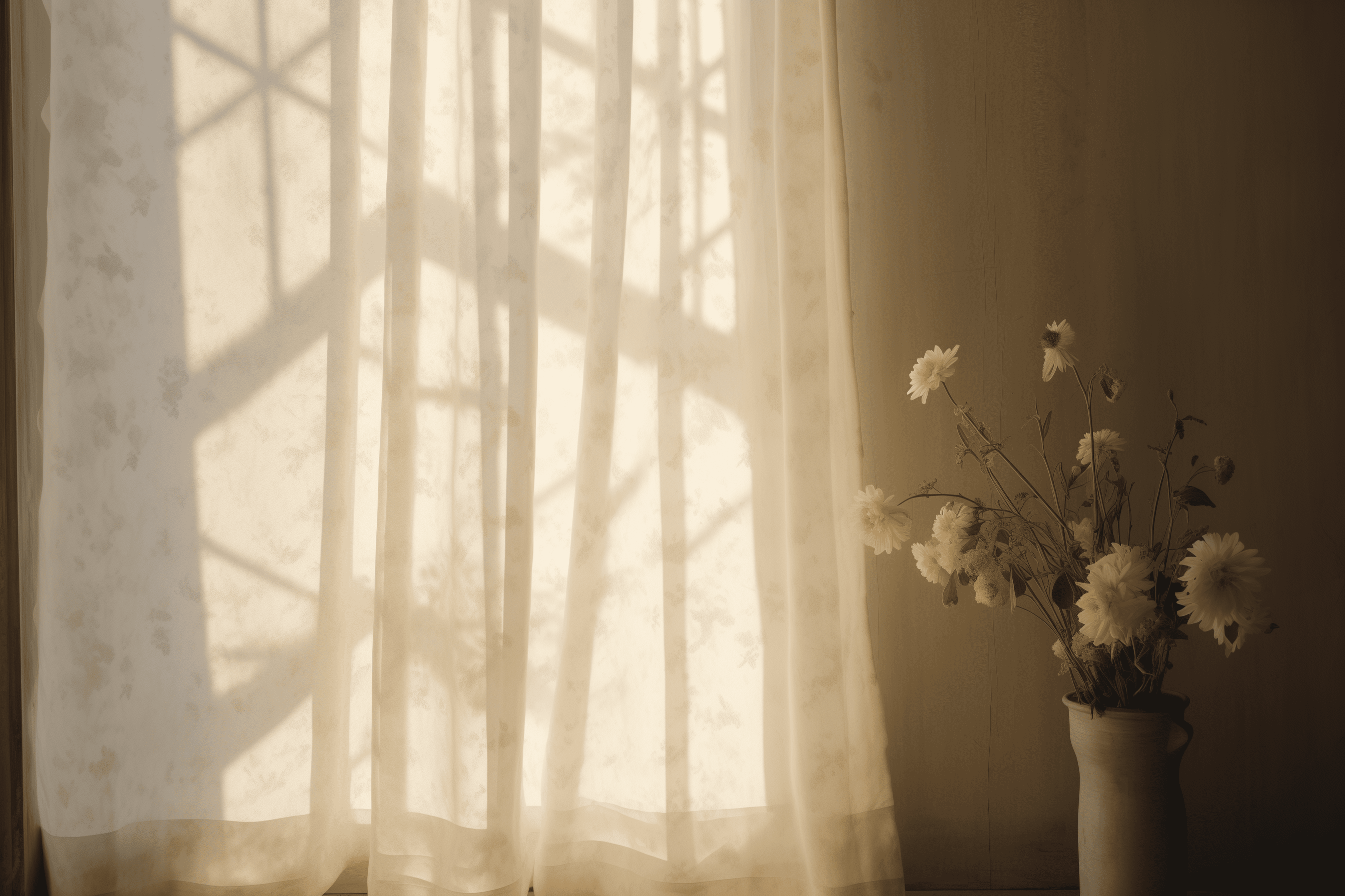 A photo of an off-white curtain with small floral patterns, hanging in front of the door on one side and behind it is a closet. The light from outside shines through the window on part of the curtains, creating soft shadows that highlight their texture. In the background you can see another wall, on which there is a calendar. --ar 128:85 --v 5. 2