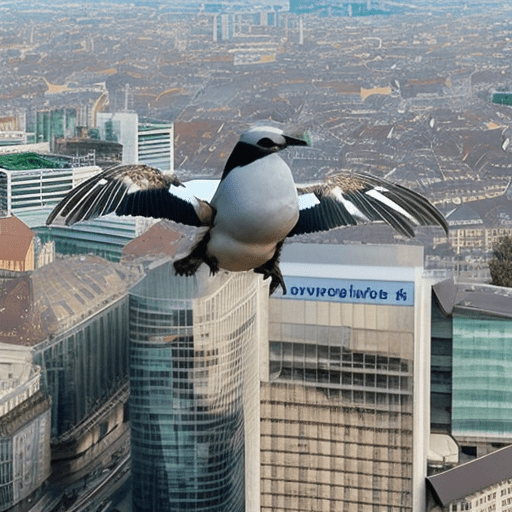 An ultra-realistic, birds view wide angle shot of a surveillance camera with animal wings flying high above frankfurt city