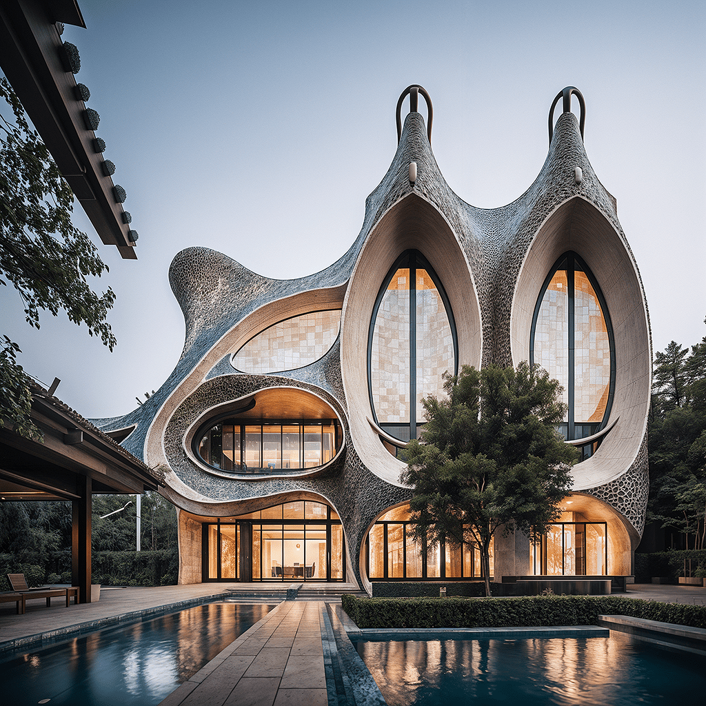 (cinematic atmosphere raw photo shot by dslr fujifilm xt3,lifelike textures) break modern architecture, inspired by gaudi, minimalism, modern, soft, calm