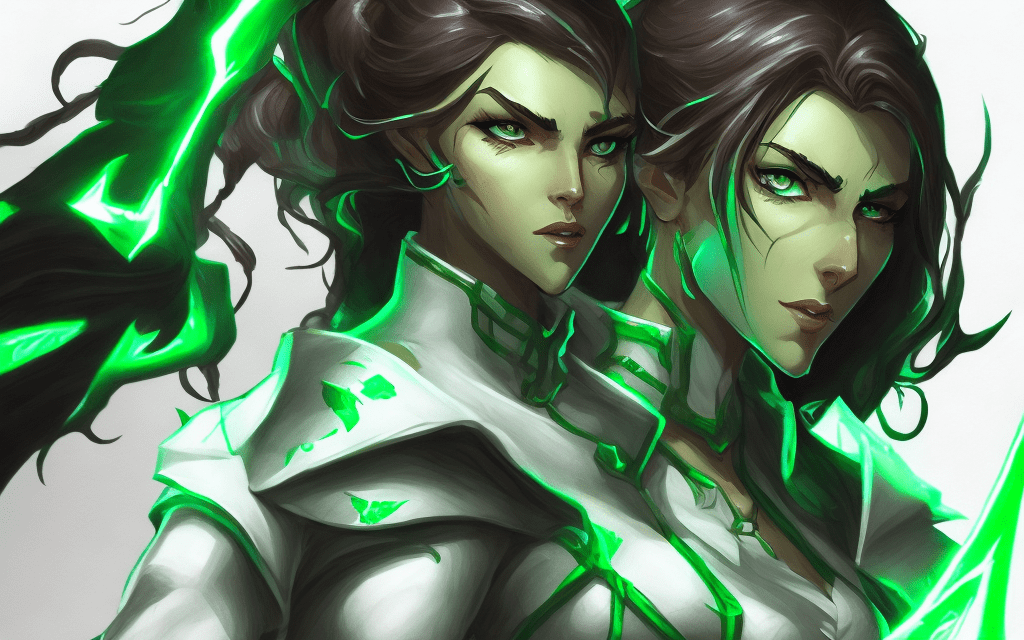 Traditionnal art, drawing design in the style of the arcane animated series, league of legend, full-length body shot: a stunning fearless adventurer woman, clear smart piercing eyes, perfect woman forms, face focused, dirty clothes, green and white lighting, dark background
