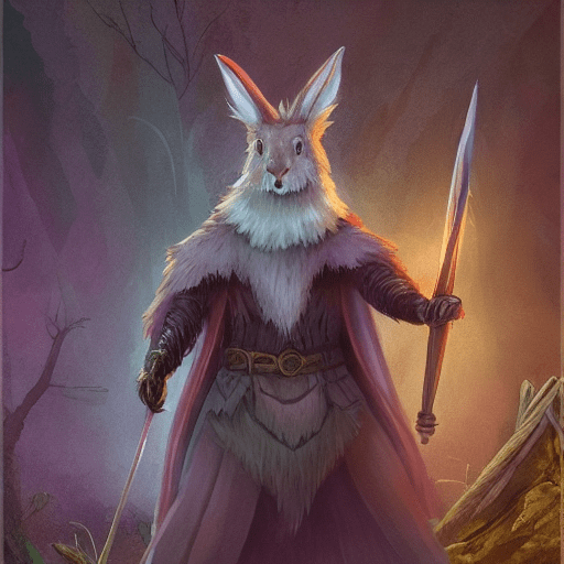 High detail, full body image of a bipedal rabbit, harengon dnd 5e, male, holding sharp daggers, dark tree forrest scenery, dim lighting, fantasy fractal lights, wearing a cloak,