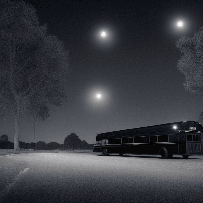 Side view of a glossy black school bus at a distance, in the middle of the night, moonlight, very detailed, lit street, dead trees, streets lights