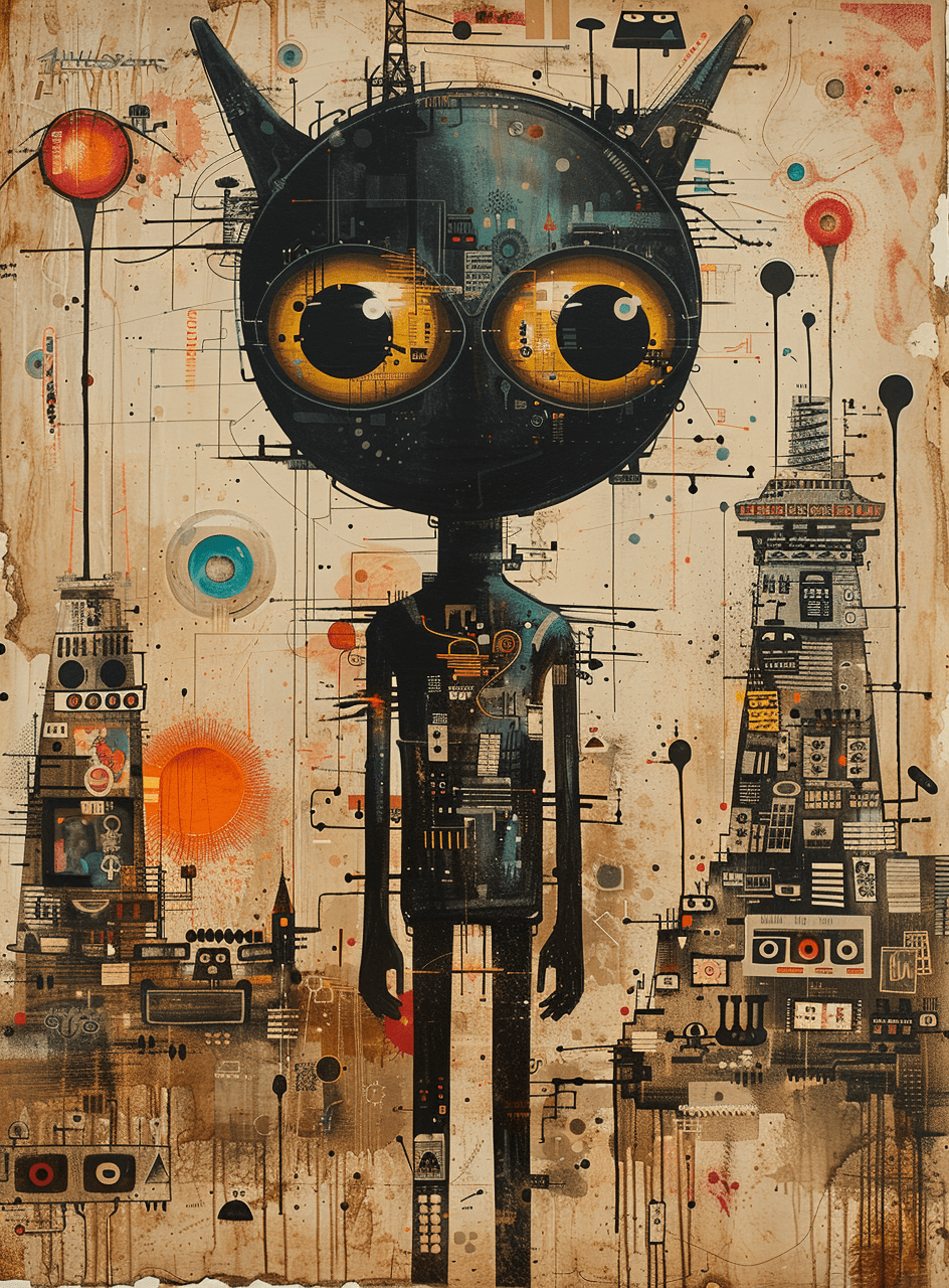 A drawing of an alien character surrounded by symbols and shapes, ink on old paper, surrealism, multiple eyes in the sky with suns, strange architecture, strange creatures, vintage poster art style, whimsical --ar 36:49 --stylize 750