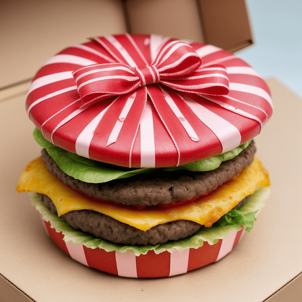 Highly detailed promotional styled photo, shaped as a hamburger (a gift box crafted to mimic hamburger shape)