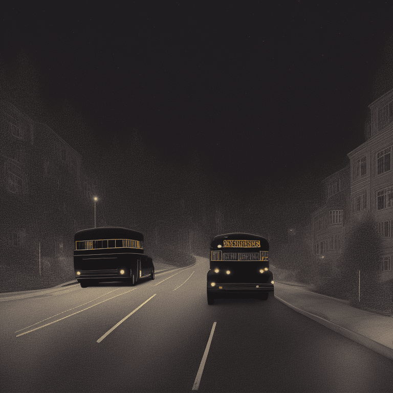 Big glossy black school bus at a distance on a hill, glowing lights, intricate details, in the middle of the night, very detailed, lit street, streets lights