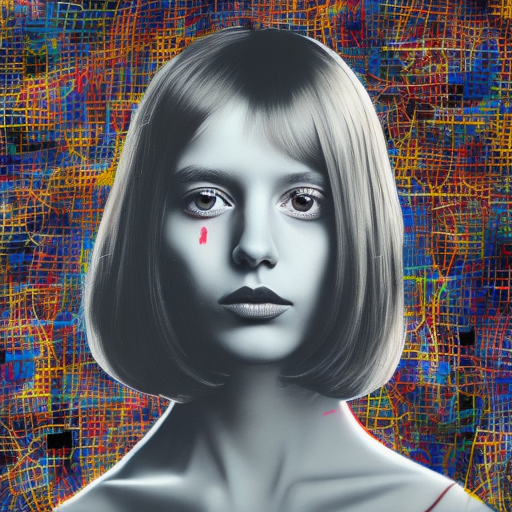 Portrait of a girl with a bob haircut (without bangs) and prescription glasses with transparent lenses, featuring rounded square frames. The style is a blend between banksy and basquiat, capturing the edgy street art vibe with a touch of abstract expressionism. The image should depict the girl from the waist up.