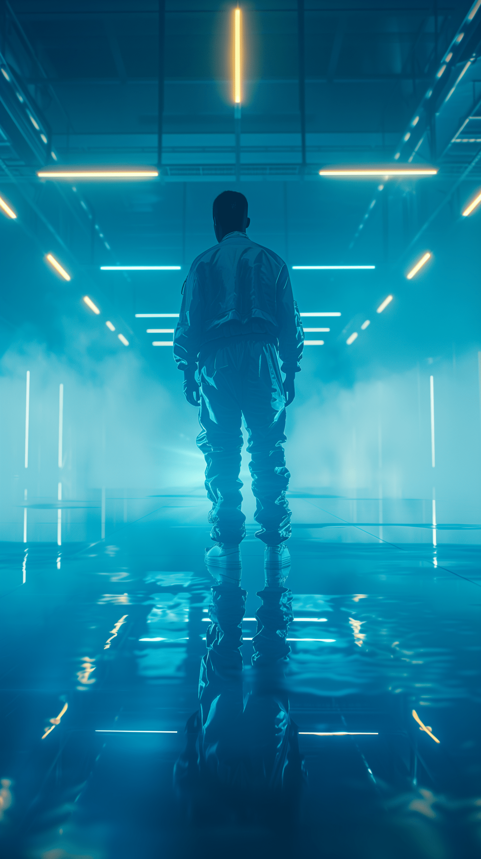 Figure dressed in futuristic attire stands in a fully illuminated deep blue room, professional young man model, lighting casts sharp shadows and highlights the textured details of the clothing, pose is contemplative, reflecting a sense of isolation within a boundless space, the reflections on the glossy floor enhance surreal atmosphere, key light, uhd --ar 9:16 --style raw