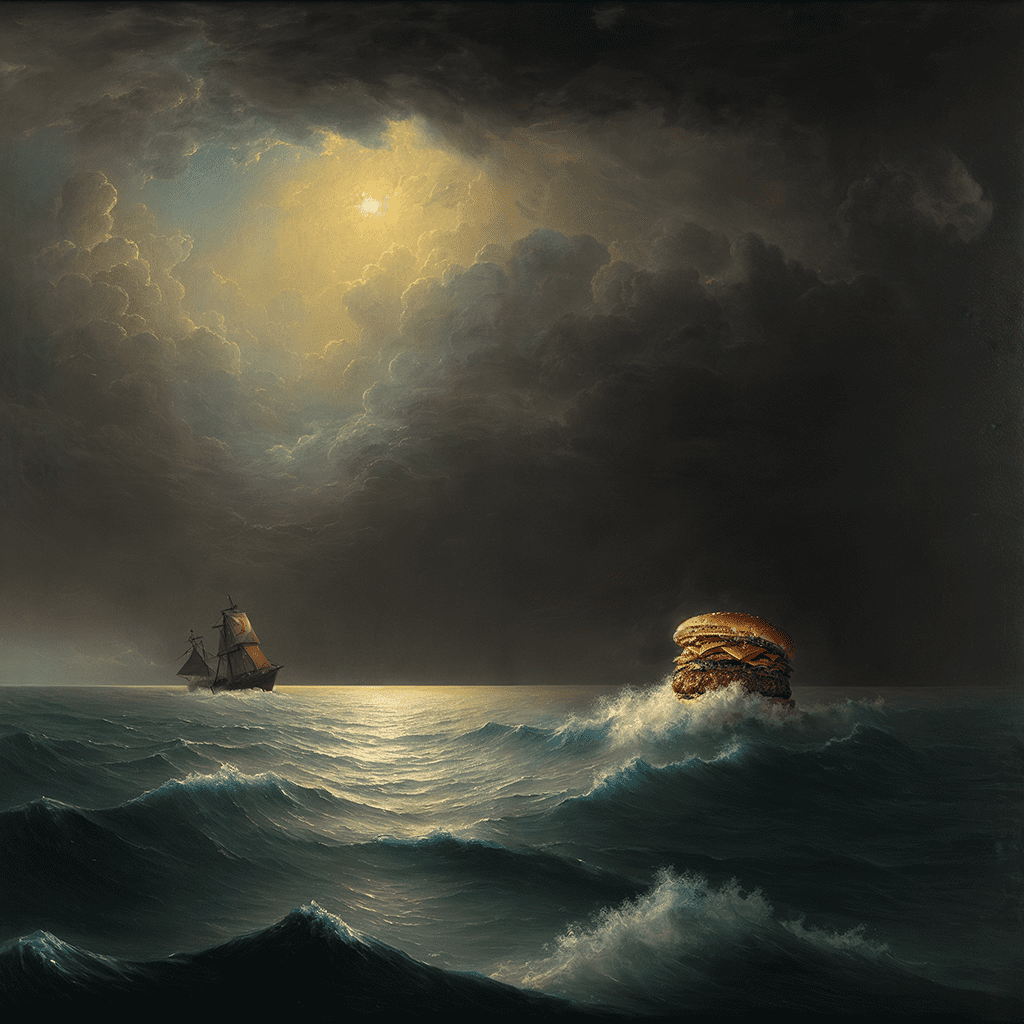 A rough oil painting of ((a huge hamburger) ) in the open sea, a storm and hamburger [by aivazovsky]