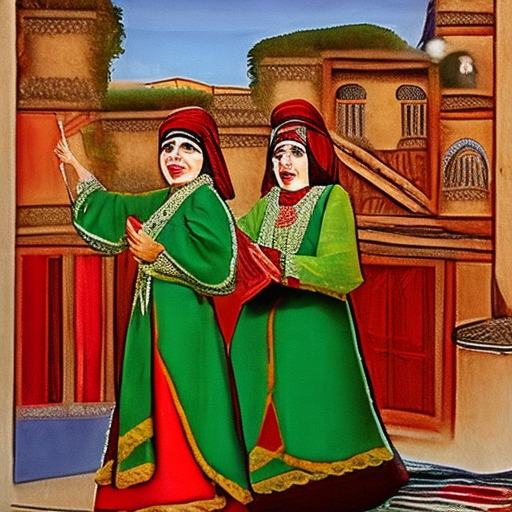 “a classic scene from the traditional turkish shadow play featuring karagöz and hacivat. Two wooden bay window houses are in the background, styled like the reference image provided. On the left stands hacivat, dressed in a costume similar to karagöz’s but in green, and on the right stands karagöz, dressed in red. Both characters have short black beards and are of the same height. The scene should not include any additional characters. The setting should capture the historical and cultural essence of the turkish shadow play with detailed, vibrant colors and intricate designs on the characters’ costumes. ”
