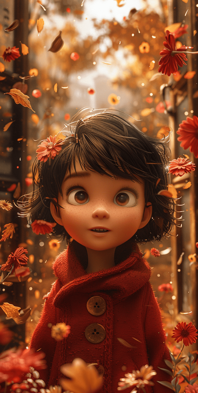 A little girl with short hair and wearing a red wool coat stands in front of a door, with autumn leaves falling all around her, flowers on the ground, trees, doors, and windows, creating an atmosphere filled with warm colors. In the style of pixar, with high definition, detailed depiction, wide-angle lens, soft lighting, static movements, lively expressions, and cheerful emotions --ar 65:128 --stylize 750
