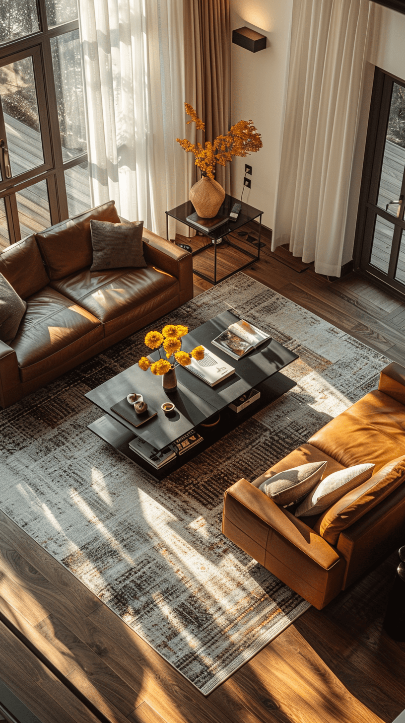 Photography, minimalist, aerial shot, apartment living room, full-frame dslr camera, the color of the space is limited to pastel yellow and white, minimal design floor stand lamp, minimalist brown leather sofa set with black table on book and yellow flower in black vase, black wood flooring, white frame large modern windows with white curtain allowing soft diffused dusk, set to capture the interplay of natural and artificial light, realism sunlights, emphasizing the contrast between the warm under lighting and the warm dusk with balanced exposure to highlight textures and the peaceful atmosphere, golden compositions, uhd --ar 9:16 --style raw