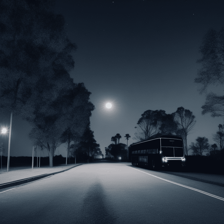 Side view of a long and dark lit strange bus at a distance, in the middle of the night, moonlight, lit street, dead trees, streets lights