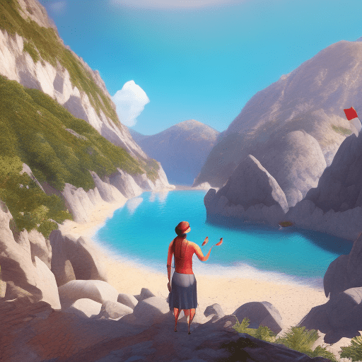 Woman guide that making tours in albania with toursit on beaches, mountains, sea, caves, intricate artwork. Octane render, trending on artstation, t symmetrical artwork. Cinematic, cartoon, high detail, octane render, 8k