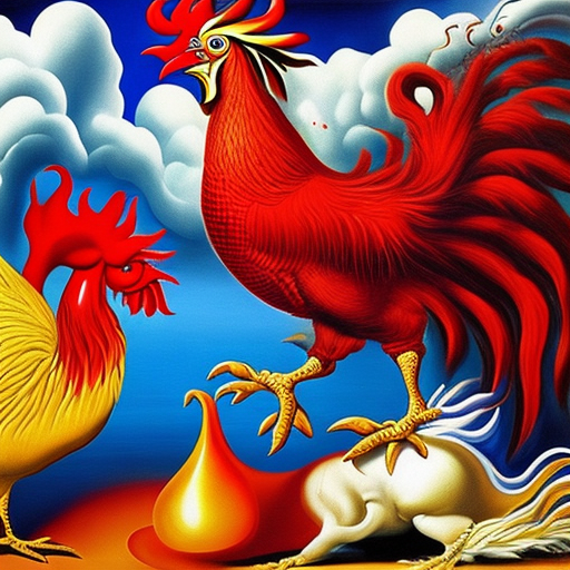 A psychedelic surrealist painting of a red rooster fighting a white rooster, surreal, dripping, melting, salvador dali, pablo piccaso --ar 68:128 --stylize 750 --v 6
