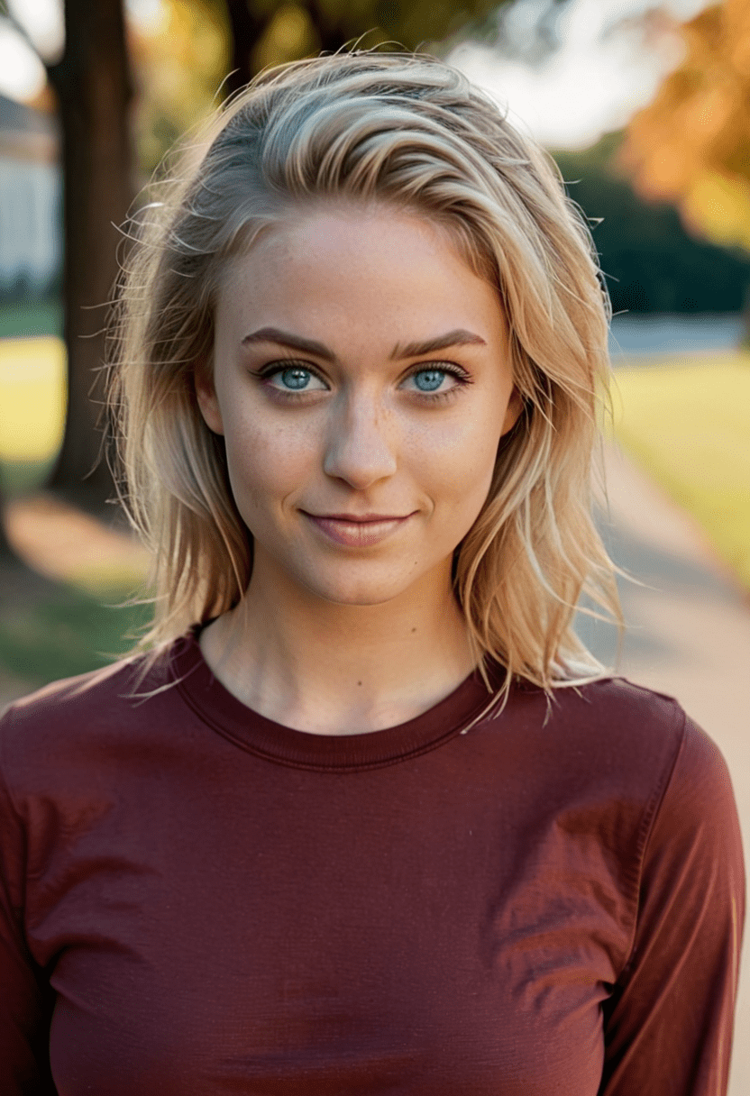 Silhouette style photograph of an attractive young blonde woman, gorgeous light-blue eyes are intently looking at the viewer, head slightly tilted to the side, close-up, big smile, dynamic pose, outdoors, summer sunshine background, wearing a long sleeve maroon t-shirt, extremely intricate details, masterpiece, epic, silhouette style, casting shadow style, f/2. 8, bokeh
