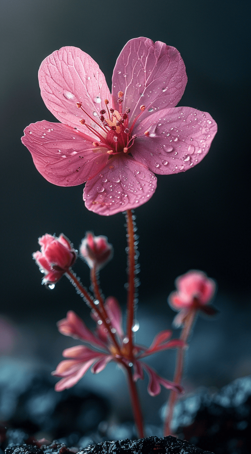 Photo of a single pink wildflower against a black background, in an ultra-realistic photographic style --ar 71:128 --stylize 750